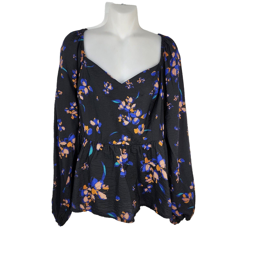 Ava And Viv Womens Top Size X Floral Sweetheart Neck Peplum Puff Sleeve Smocked